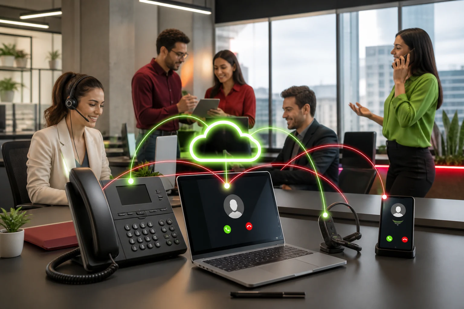 Equipo empresarial usando telefonía IP desde teléfono, portátil, celular y diadema